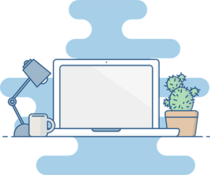 An artistic drawing of a laptop on a desk to represent online accent coaching classes.