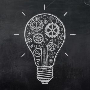 A vintage, stylized blackboard drawing of a lightbulb made out of clock gears, mathematical symbols, and logic grids.