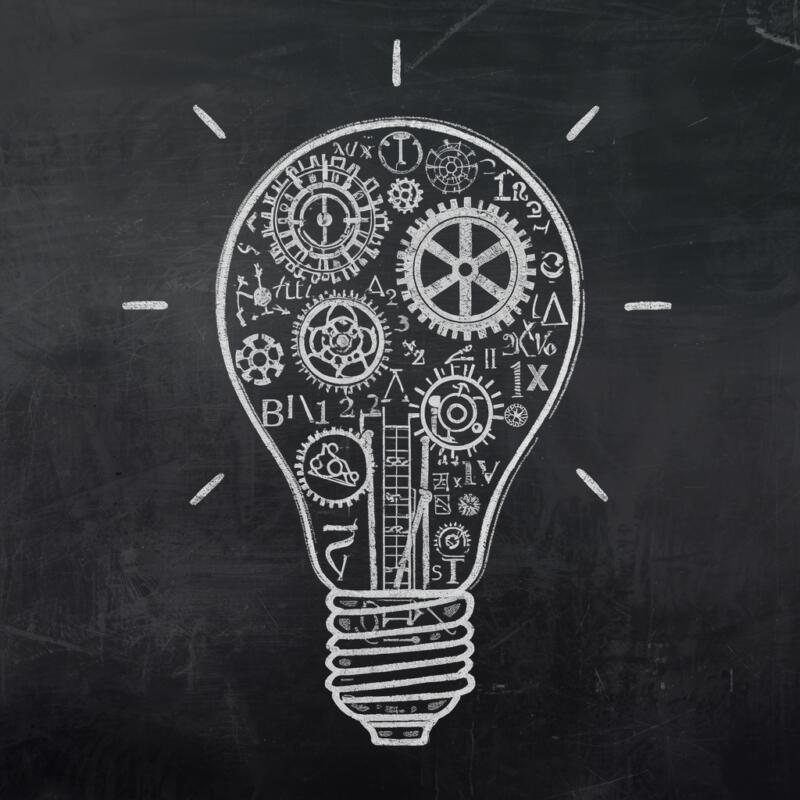 A vintage, stylized blackboard drawing of a lightbulb made out of clock gears, mathematical symbols, and logic grids.