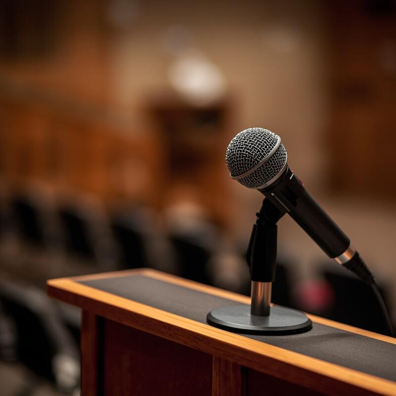 A striking close-up shot of a microphone sitting on a wooden podium, with a softly blurred background of a lecture hall or conference room.