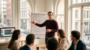 A professional, welcoming close-up portrait of an international business professional or student confidently speaking or presenting in a brightly lit office space.