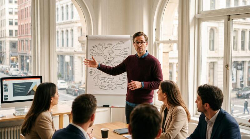 A professional, welcoming close-up portrait of an international business professional or student confidently speaking or presenting in a brightly lit office space.