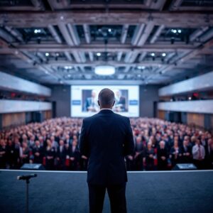 A beautiful, bright, professional photograph taken from behind a speaker standing on an elegant stage, looking out at a large, modern conference room or convention hall filled with people.