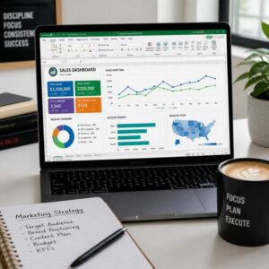 A crisp, modern, high-contrast stock photo of a stylized laptop screen displaying a colorful Excel dashboard with charts, placed next to a college notebook and a cup of coffee on a clean desk workspace.