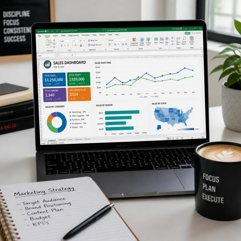 A crisp, modern, high-contrast stock photo of a stylized laptop screen displaying a colorful Excel dashboard with charts, placed next to a college notebook and a cup of coffee on a clean desk workspace.
