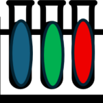 An icon of a set of three test tubes, each with a different color of liquid.