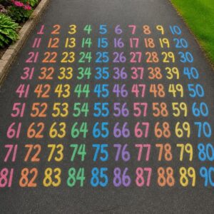 A vibrant shot of colorful numbers written in sidewalk chalk on a paved driveway, giving readers instant visual inspiration.