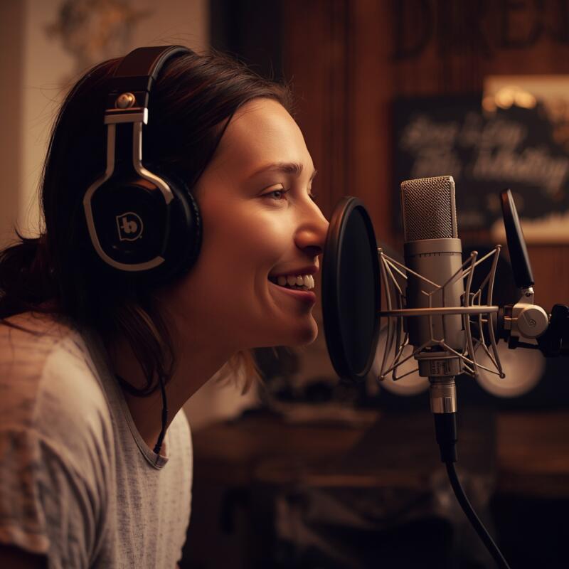 A beautifully styled, warm-toned stock photograph of a person wearing studio headphones, leaning in naturally to speak into a dynamic microphone mounted on a boom arm in a cozy home studio setting.