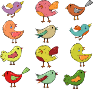 An array of 16 colorful birds.