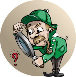 Cartoon detective searching for answers.