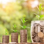 Four stacks of coins, increasing in size and then a jar of even more coins – each with a small plant also increasing in size. This represents financial growth.