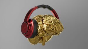"Listening Brain" The brain using a set of red headphones to listen.