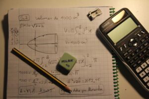An open notebook with equations written in it and a calculator, pencil, and eraser on it.