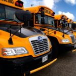 A row of yellow school buses in a parking lot.