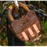 Close-up of a rusty padlock secured to a chain post, symbolizing security. Blocks added for the three digits.