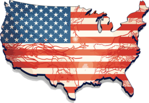 Map of the United States with the American Flag overlaid and the rivers in red.