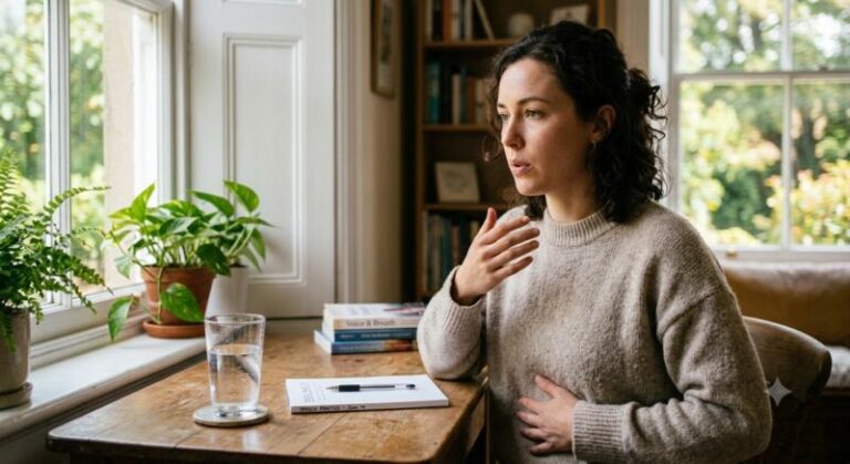 A close-up of a person practicing speech or breathing exercises near a window with a glass of water on the desk