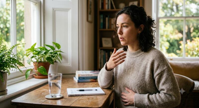 A close-up of a person practicing speech or breathing exercises near a window with a glass of water on the desk