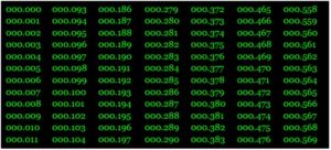 A futuristic digital cyber screen showing glowing grid patterns with decimals.