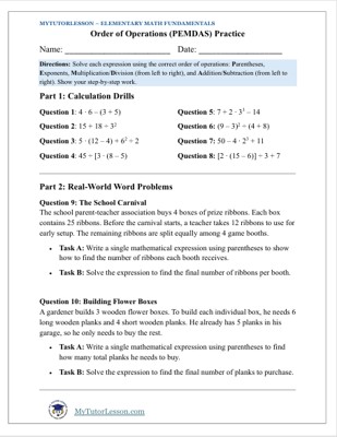 Image of PEMDAS Worksheet
