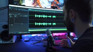 Podcaster making video podcast from his home studio.