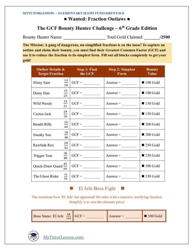 Image of the Simplifying Fractions Worksheet - a free downloadable worksheet