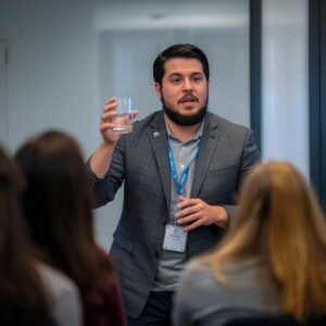 A teacher or speaker holding a glass or bottle of water while interacting with a group.
