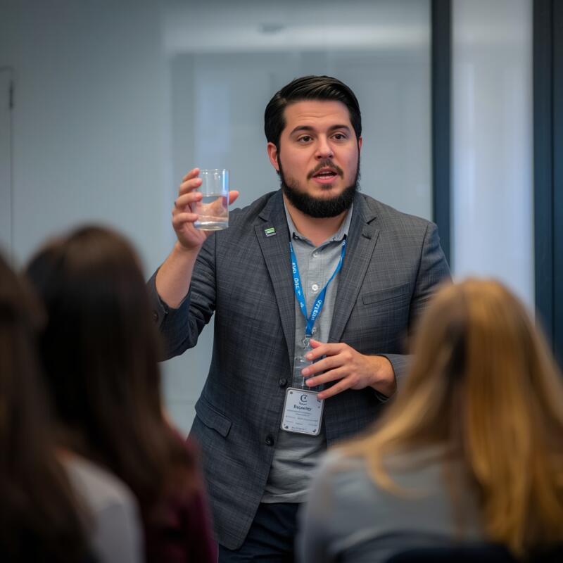 A teacher or speaker holding a glass or bottle of water while interacting with a group.