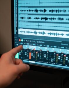Audio recording software displaying commercial voice-over sound wave tracks.
