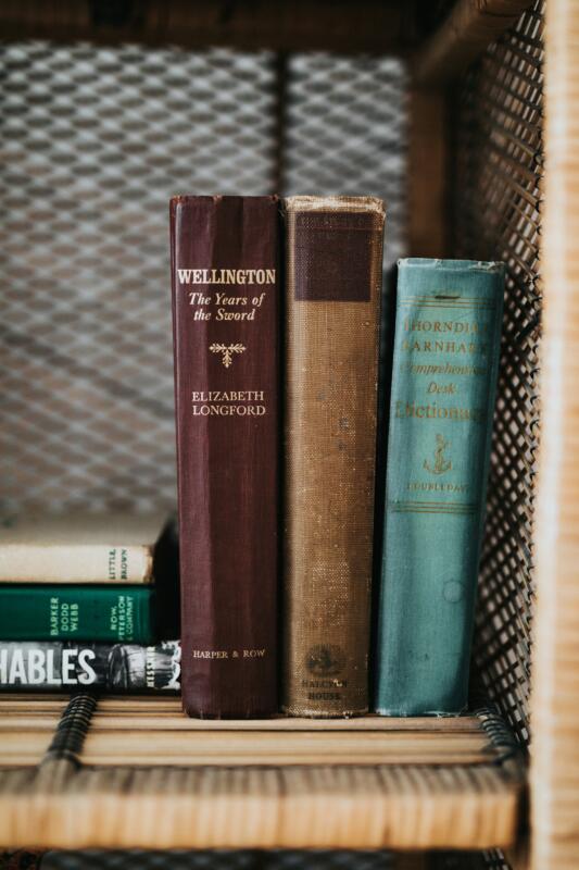 Three volume book set sitting neatly in order on a wooden bookshelf.