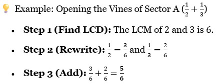 💡 Example: Opening the Vines of Sector A 1/2 + 1/3 Step 1 (Find LCD): The LCM of 2 and 3 is 6. Step 2 (Rewrite): 1/2 = 3/6 and 1/3 = 2/6 Step 3 (Add): 3/6 + 2/6 = 5/6