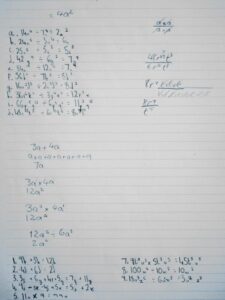 Handwritten systems of linear equations and coordinate geometry formulas in a math study notebook.