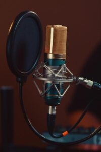 Professional studio condenser microphone with pop filter ready for vocal recording.