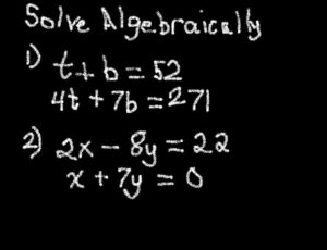 Chalk board displaying systems of equations, algebra variables.