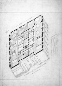 Blueprint showing grid layouts and dimensions for area calculations.