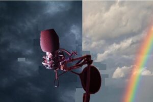 Studio condenser microphone with dark rain cloud and bright rainbow graphic lighting.