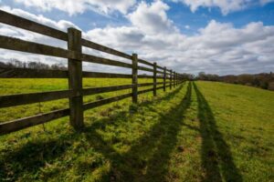 Post and rail fence throwing strong shadows on grassy field with strong perspective. Blue sky and clouds.